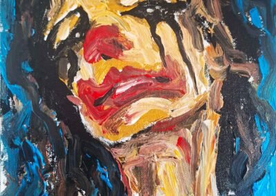 Expressionist portrait painting of a woman with messed make up, clown grotesque