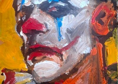 Expressionist portrait painting of a clown, self portrait