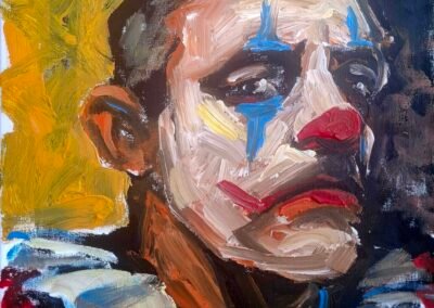 Expressionist portrait painting of a clown, self portrait