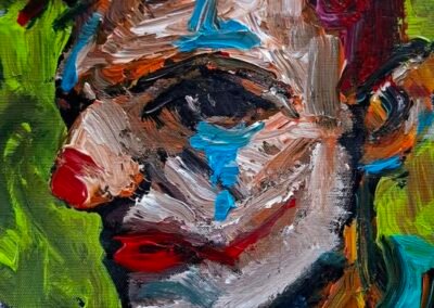 Expressionist portrait painting of a clown, self portrait