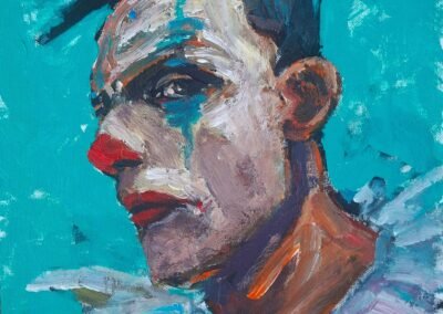 Expressionist portrait painting of a clown, pierrot, self portrait