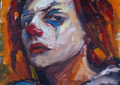 Expressionist portrait painting of a female clown,